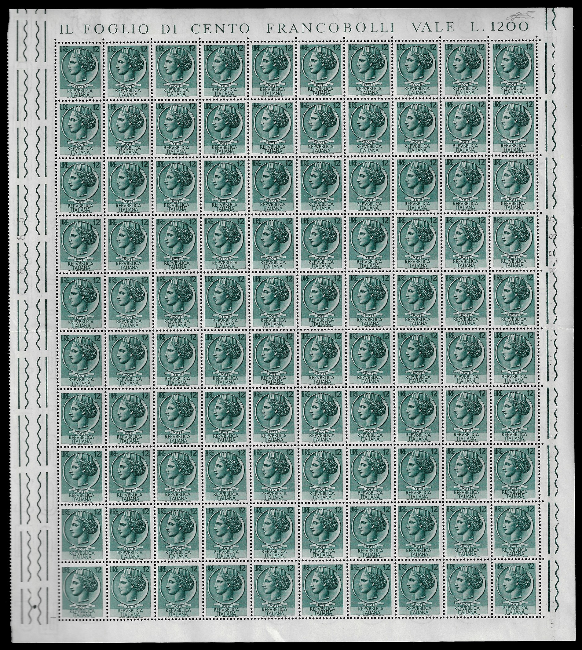 Ferrario, Siracusana, filigrana ruota, serie completa (710/718), fogli di 100 esemplari, nuovi