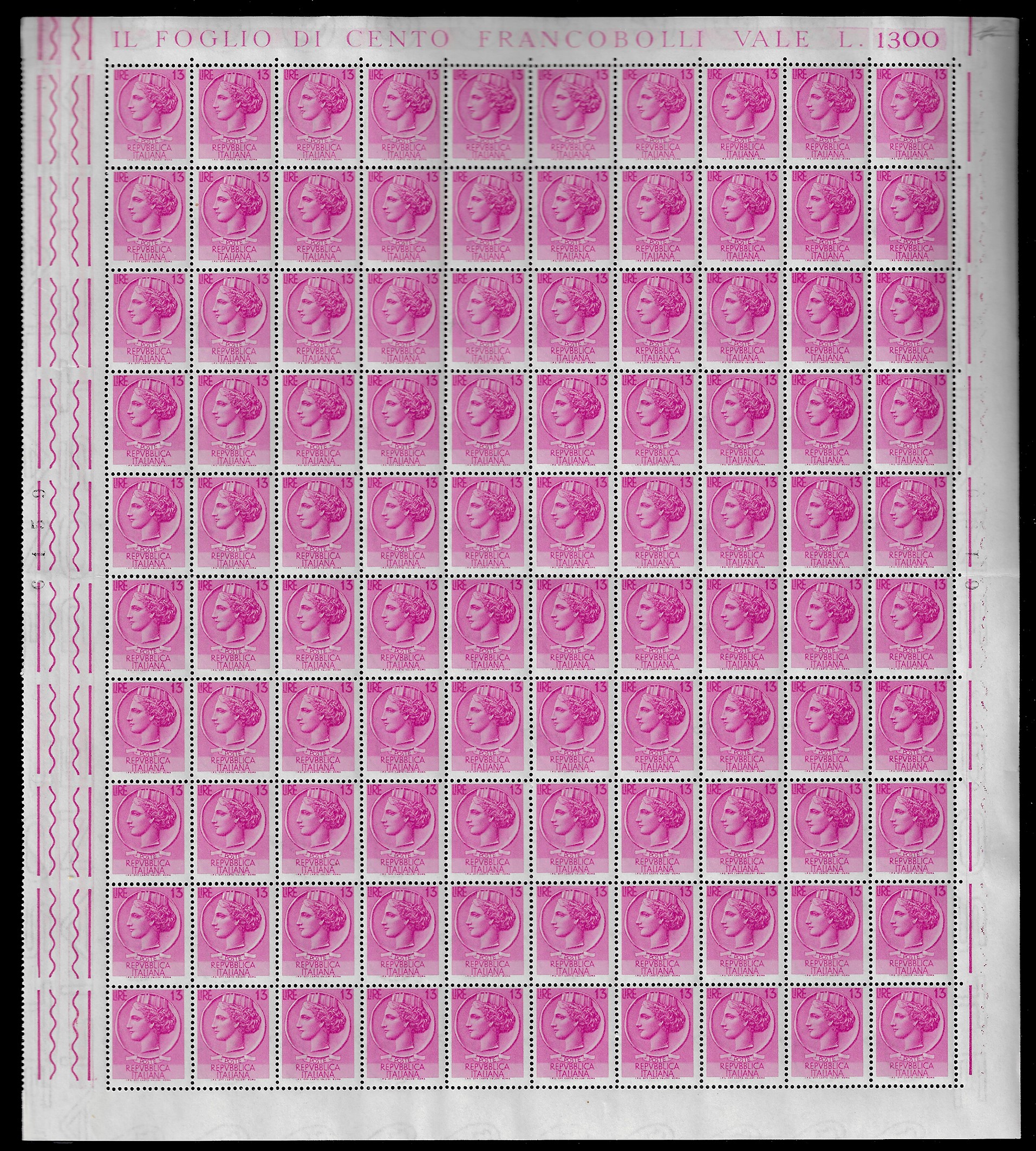 Ferrario, Siracusana, filigrana ruota, serie completa (710/718), fogli di 100 esemplari, nuovi