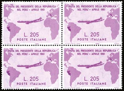 Gronchi, 205 lire rosa (921), blocco di quattro, gomma originale integra