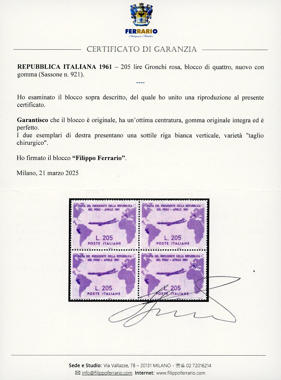 Gronchi, 205 lire rosa (921), blocco di quattro, gomma originale integra