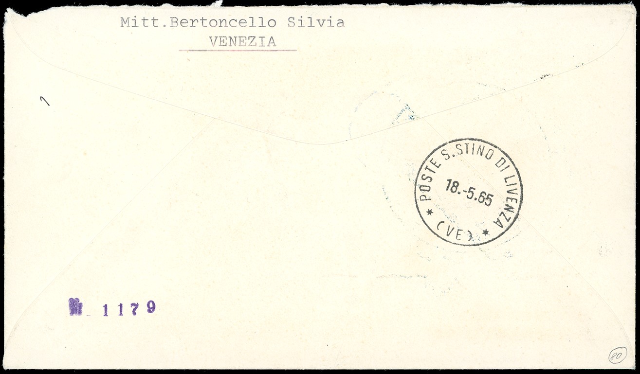 Francobollo 70 lire UIT, utilizzato su busta FDC, emissione 1965, Venezia