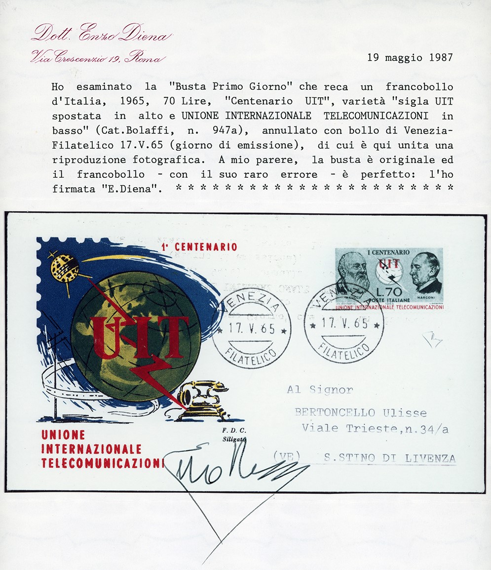 Francobollo 70 lire UIT, utilizzato su busta FDC, emissione 1965, Venezia