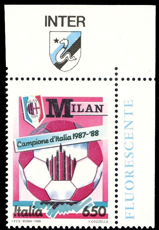 1988 - 650 Milan azzurro, anziché verde, stampa del giallo evanescente (Sass.1836a,Unif.1854Aa), nuovo, gomma originale integra, perfetto, appendice Inter angolo di foglio. Avi, cert. Ferrario.