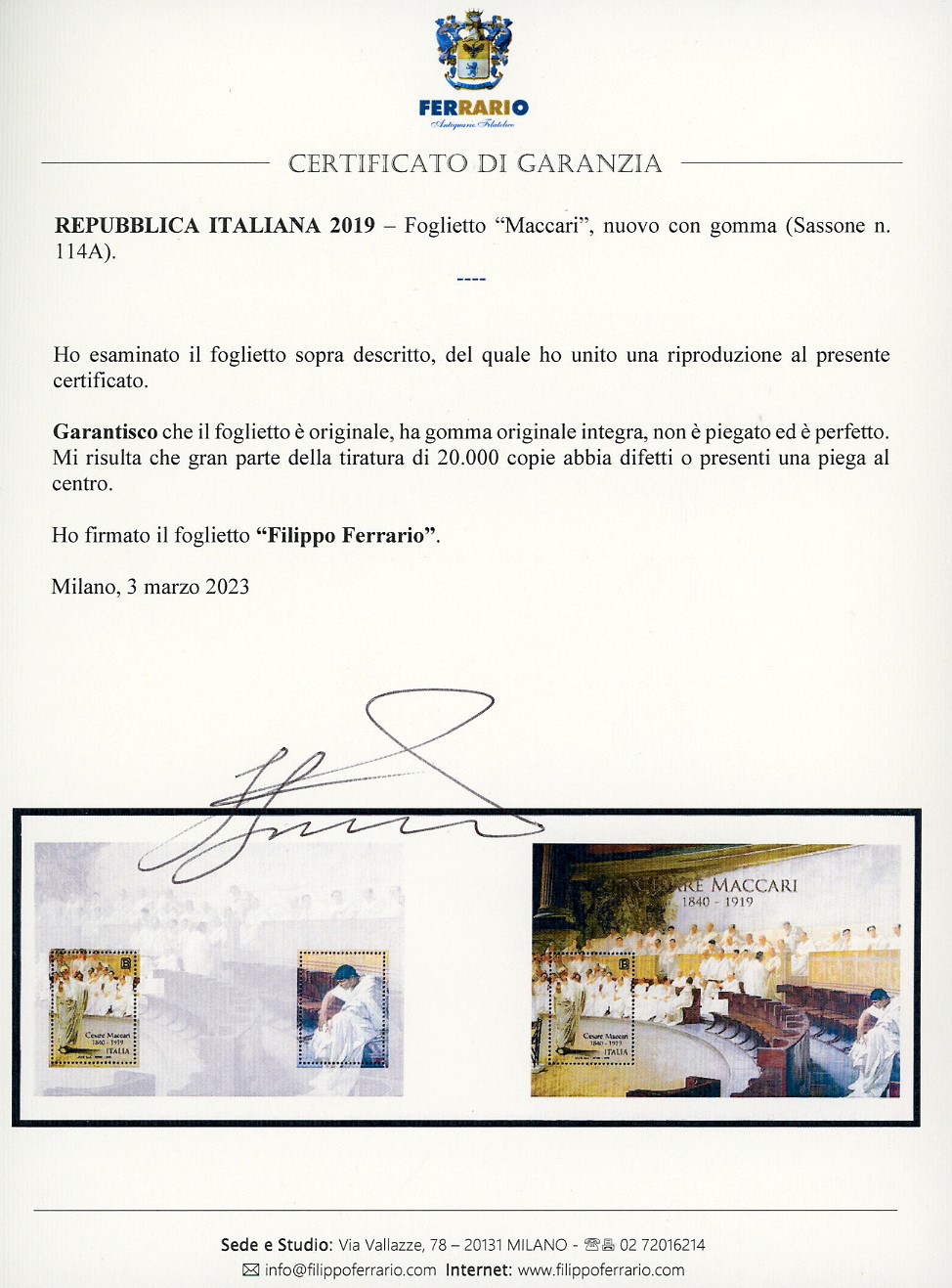 Foglietto di Maccari, 2019 - Francobollo originale, gomma integra, non piegato