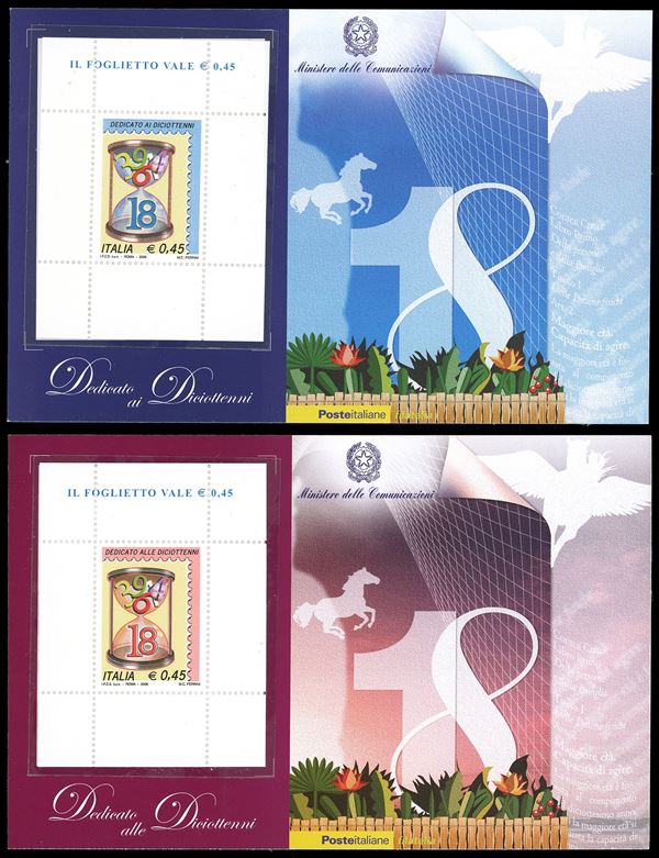 2006 - Diciottenni, i due foglietti (43/44), nuovi, gomma originale integra, perfetti. Entrambi nel folder, con busta speciale e lettera dei Ministri Landolfi l'azzurro e Gentiloni il rosa.