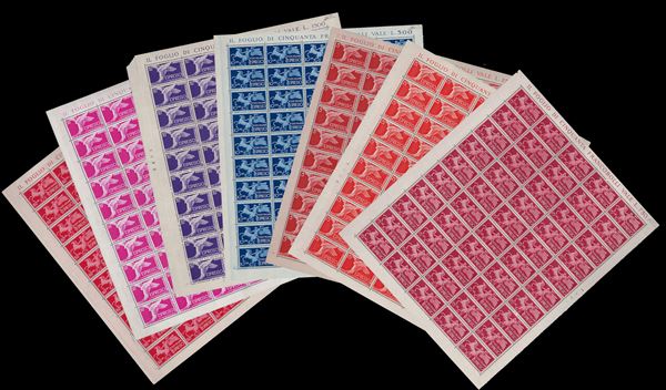 1945/52 - Democrativa, serie completa (25/31), fogli di 50 esemplari, nuovi, gomma originale integra, perfetti e ben centrati. Rari e di ottima qualità. Ferrario.