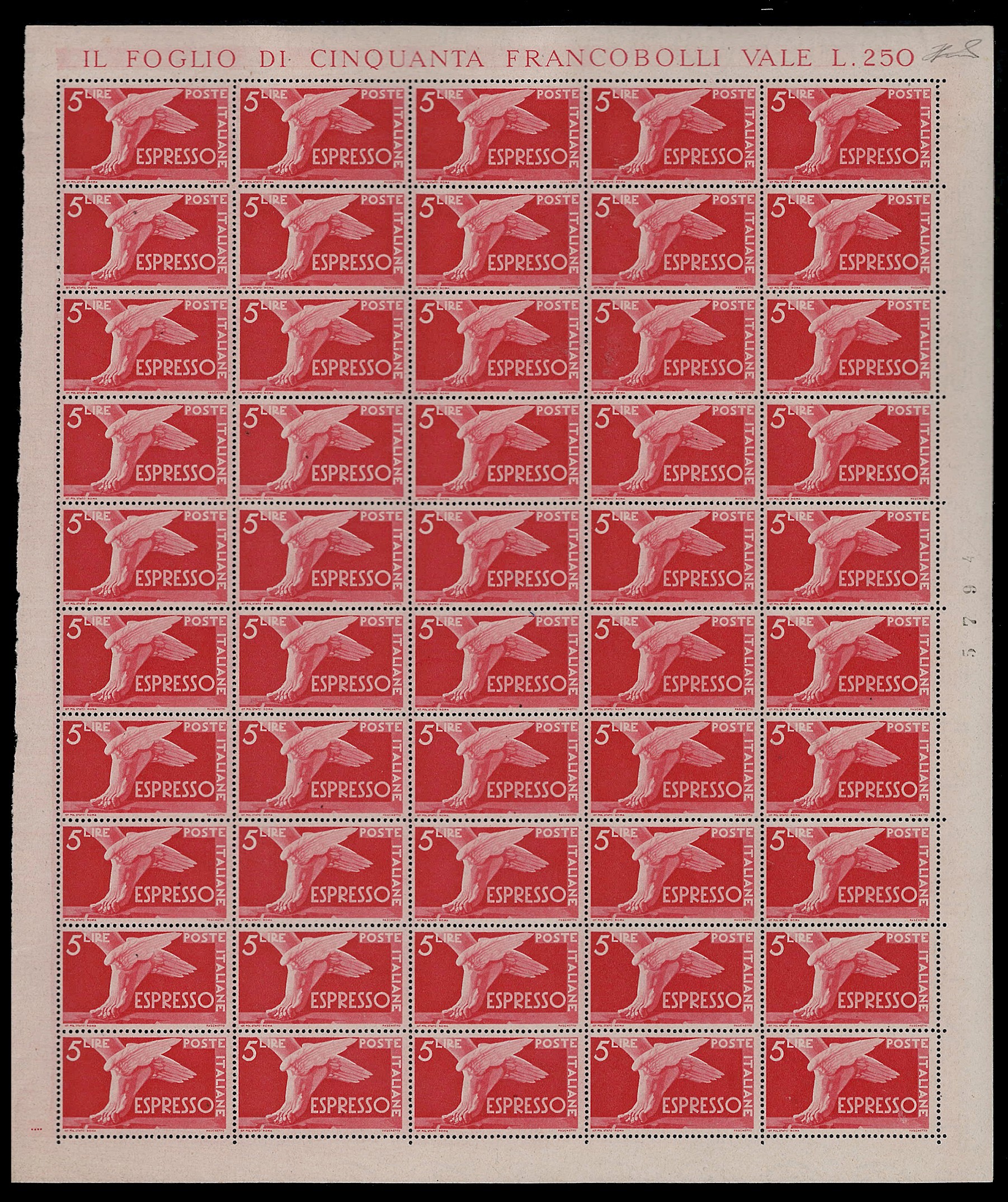 Ferrario, Democrativa, serie completa di 25 francobolli su supporto di 50 esemplari, 1945/52