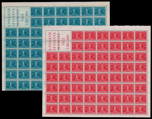 1947 - 1 lira e 8 lire, serie completa (8/9), fogli di 60 esemplari, in buona parte di ottima centratura, nuovi, gomma originale integra, perfetti e molto freschi. Ferrario.