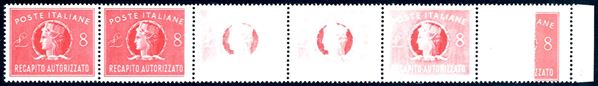 1947 - 8 lire, striscia orizzontale di sei, cinque esemplari con stampa incompleta o evanescente (9a), bordo di foglio, gomma originale integra, impercettibile traccia di linguella sull'ultimo esemplare, perfetta. Splendida e d'effetto. G.Bolaffi, cert. E.Diena.