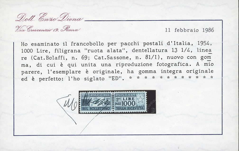 1954, 1.000 lire Cavallino con filigrana ruota e dentellatura lineare (81/I)