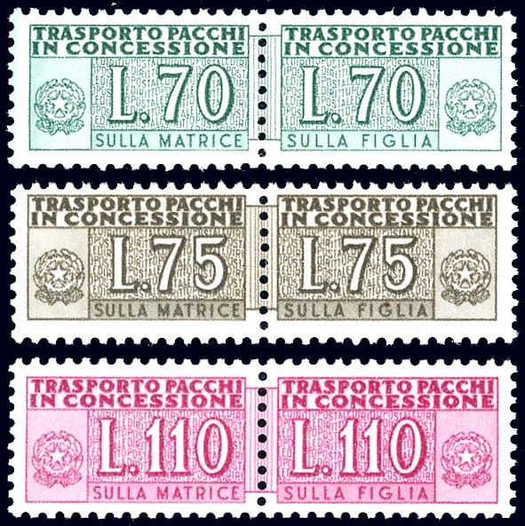 1955/66 - 70 lire, 75 lire e 110 lire lilla rosa, filigrana stelle (8,9,12), gomma originale integra, perfetti. Cert. Ferrario.