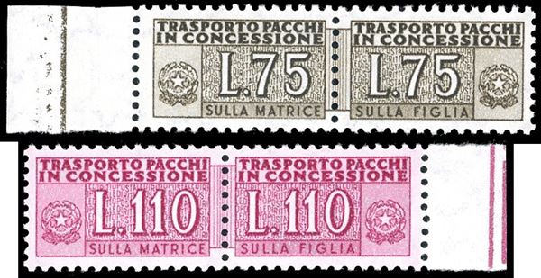 1955 - 75 lire e 110 lire filigrana stelle (9,12), gomma originale integra, bordo di foglio, perfetti e ben centrati. Molto belli. Cert. Ferrario.