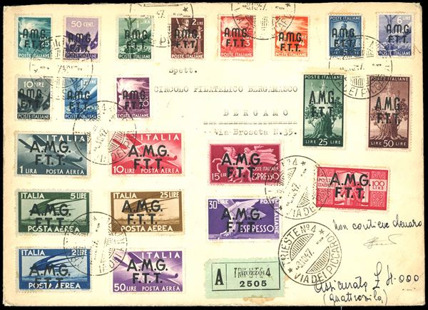 1947 - Assicurata per lire 4.000 con affrancatura coreografica della serie Democratica, soprastampa su due righe, posta ordinaria, aerea ed espressi (1/8,12/17,A1/A6,E1,E3), da Trieste 3/10/1947 a Bergamo. Ferrario.