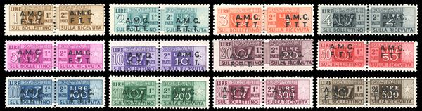 PACCHI POSTALI 1947/48 - Soprastampati su due righe, serie completa (1/12), gomma originale integra, perfetti. A.Diena per il 200 lire, alti valori ben centrati e cert. Ferrario.