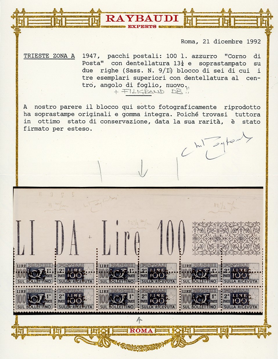 Pacchi Postali, 100 lire, soprastampa su due righe, dent. 13 1/4, filigrana ruota