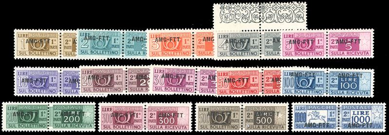 PACCHI POSTALI 1949/53 - Soprastampati su una riga, serie completa (13/25), il Cavallino con buona centratura, nuovi, gomma originale integra, perfetti. Ferrario per gli alti valori.  - Asta Filatelia - Cambi Casa d'Aste