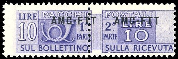 PACCHI POSTALI 1949 - 10 lire, soprastampa modificata (18A), nuovo, gomma originale integra, perfetto. Molto fresco. Decentrato come la maggior parte dei 400 esemplari esistenti. Firmato Mondolfo, cert. Oro Raybaudi.