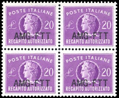 RECAPITO AUTORIZZATO, 20 lire, nuovo tipo di soprastampa (5A), blocco di quattro