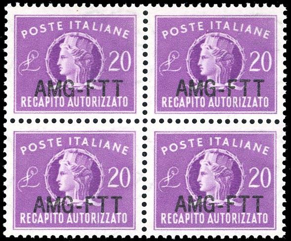 RECAPITO AUTORIZZATO 1954 - 20 lire, nuovo tipo di soprastampa (5A) ben centrato, blocco di quattro, nuovo, gomma originale, integra, perfetto. Sottoquotato. Cert. Ferrario.  - Auction Philately - Cambi Casa d'Aste