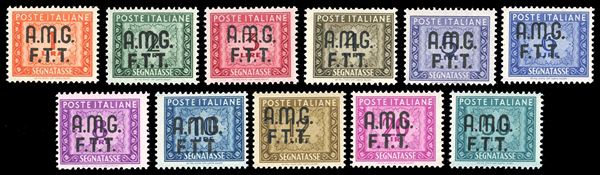 SEGNATASSE 1947/49 - Soprastampati su due righe, serie completa (5/15), perfetti, nuovi, gomma originale integra. Ferrario.
