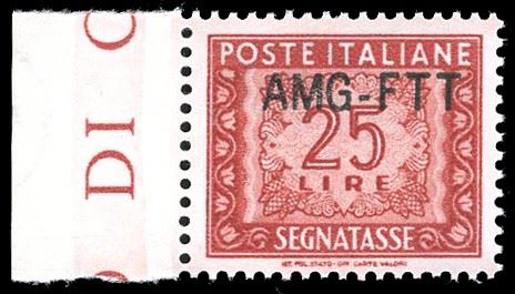 SEGNATASSE 1954 - 25 lire, nuovo tipo di soprastampa (25A), bordo di foglio, nuovo, gomma originale integra, perfetto e ben centrato. Bello. Cert. Ferrario.