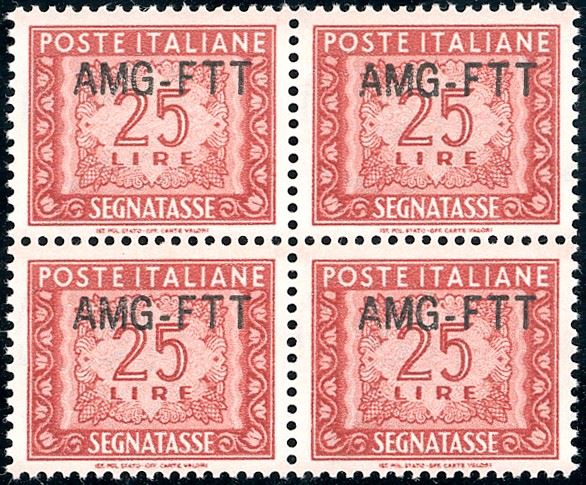 SEGNATASSE 1954 - 25 lire, nuovo tipo di soprastampa (25A), blocco di quattro, ottima centratura, gomma originale integra, perfetto. Bello! Cert. Ferrario.