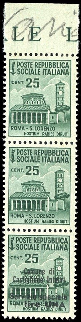 CASTIGLIONE D'INTELVI 1945 - 1 lira su 25 cent., striscia verticale di tre, i due esemplari superiori senza soprastampa (7aba), bordo di foglio, nuova, gomma originale integra, perfetta. Molto rara. Cert. Raybaudi.