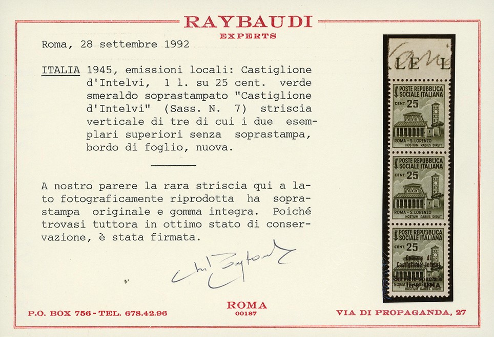 Castiglione d'Intelvi, 1 lira su 25 cent., striscia verticale di tre, esemplari senza soprastampa