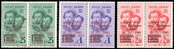 AOSTA EMISSIONE AUTONOMA DI PROPAGANDA 1945 - Fratelli Bandiera, serie completa in coppie con soprastampe in italiano e francese (CEI n.1/3, Orlandini S.1n.1/3), nuovi, gomma originale integra, perfetti. Ferrario.