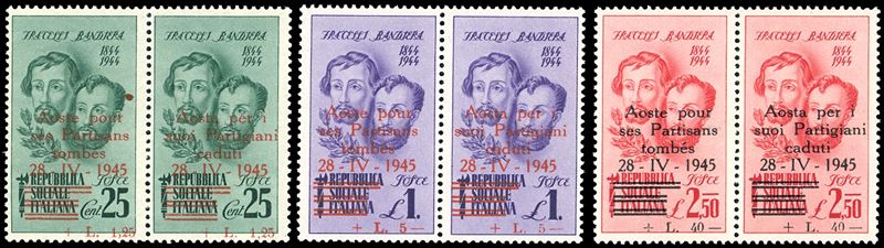 AOSTA EMISSIONE AUTONOMA DI PROPAGANDA 1945 - Fratelli Bandiera, serie completa in coppie con soprastampe in italiano e francese (CEI n.1/3, Orlandini S.1n.1/3), nuovi, gomma originale integra, perfetti. Ferrario.  - Asta Filatelia - Cambi Casa d'Aste