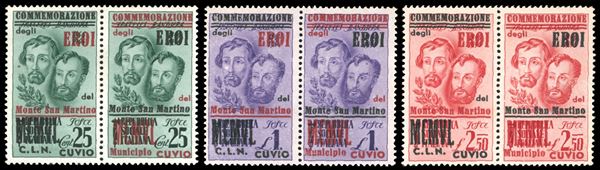 CUVIO 1945 - Fratelli Bandiera, serie completa in coppie orizzontali con i due tipo di soprastampa (1+4,2+5,3+6), nuove, gomma originale integra, perfette, tutte con al verso il consueto timbrino recante ramo d'alloro. Ottima qualità. Rare, tiratura 300 serie, quasi tutte usate. Ferrario. Cert. Raybaudi.