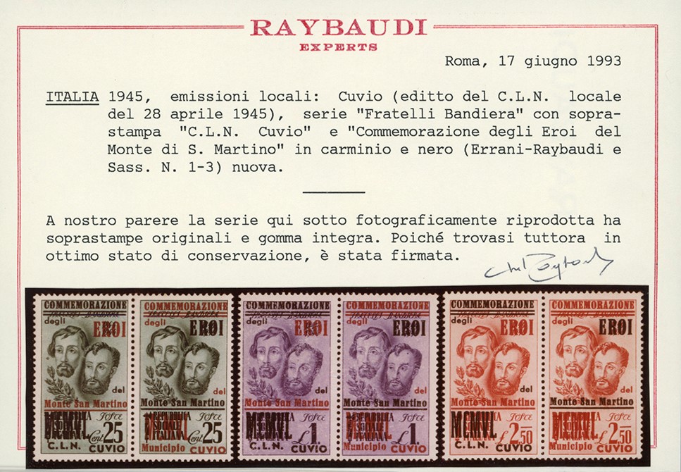 Fratelli Bandiera, Serie completa di CUVIO 1945 con soprastampe, gomma originale integra