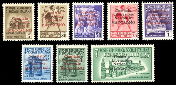 MACCAGNO 1945 - Soprastampati serie completa (1/8), nuovi, gomma originale integra, perfetti. Rara, solo 100 serie complete note. Cert. Sorani per i due alti valori.