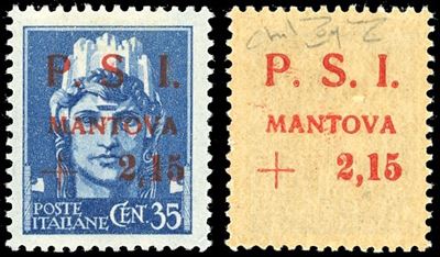 Mantova, 1945 - 2,15 lire su 35 cent., soprastampa recto-verso, senza punto dopo la "S" al recto,...