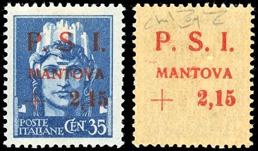 MANTOVA 1945 - 2,15 lire su 35 cent., soprastampa recto-verso, senza punto dopo la "S" al recto (3aaw), nuovo, gomma originale integra, perfetto. Raro, quattro esemplari noti. Cert. Raybaudi.