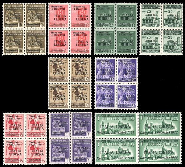 RAVENNA 1945 - Serie compelta di nove valori soprastampati in blocchi di quattro (CEI n.1/9 € 24.000 a serie), nuovi, gomma originale integra, perfetti. Molto belli e rari, occasione. Cert. Raybaudi.