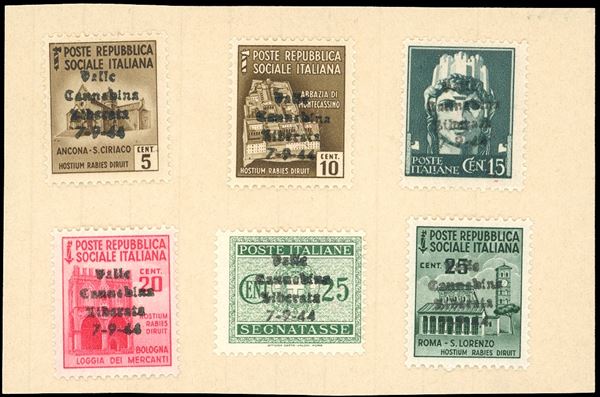 VALLE CANNOBINA 1944 - Serie completa di 6 valori soprastampati, emissione non documentata (Orlandini pag.168), nuovi, applicati con linguella su supporto cartaceo. Al verso vi è un timbro rosso mostrante una medaglia. Non comuni. Soprastampe originali dell'epoca.