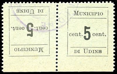UDINE, 1918 - 5 centesimi, coppia orizzontale tète-bèche, non dentellata su un lato