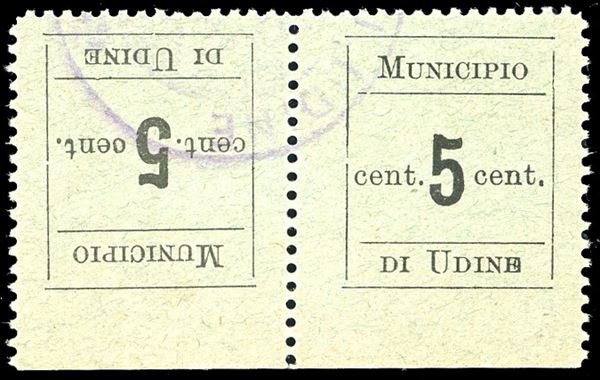UDINE 1918 - 5 cent., coppia orizzontale tète-bèche, non dentellata su un lato orizzontale (1c), usata, perfetta.