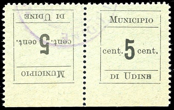 UDINE 1918 - 5 cent., coppia orizzontale tète-bèche, non dentellata su un lato orizzontale (1c), usata, perfetta.  - Asta Filatelia - Cambi Casa d'Aste