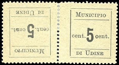 UDINE 1918 - 5 centesimi, coppia orizzontale tète-bèche con francobolli dentellati su tutti i lat...