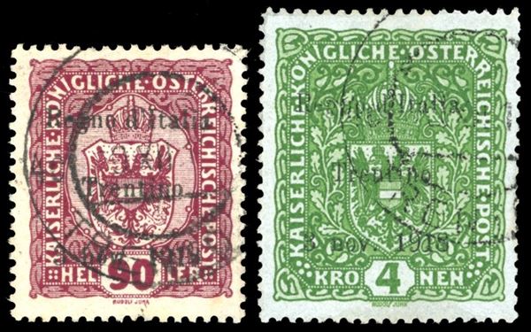 TRENTINO ALTO ADIGE 1918 - 90 h. e 4 k. Soprastampati (14,17), usati, perfetti. Sono i due alti valori della serie. Rari. G.Oliva e cert. Ferrario.