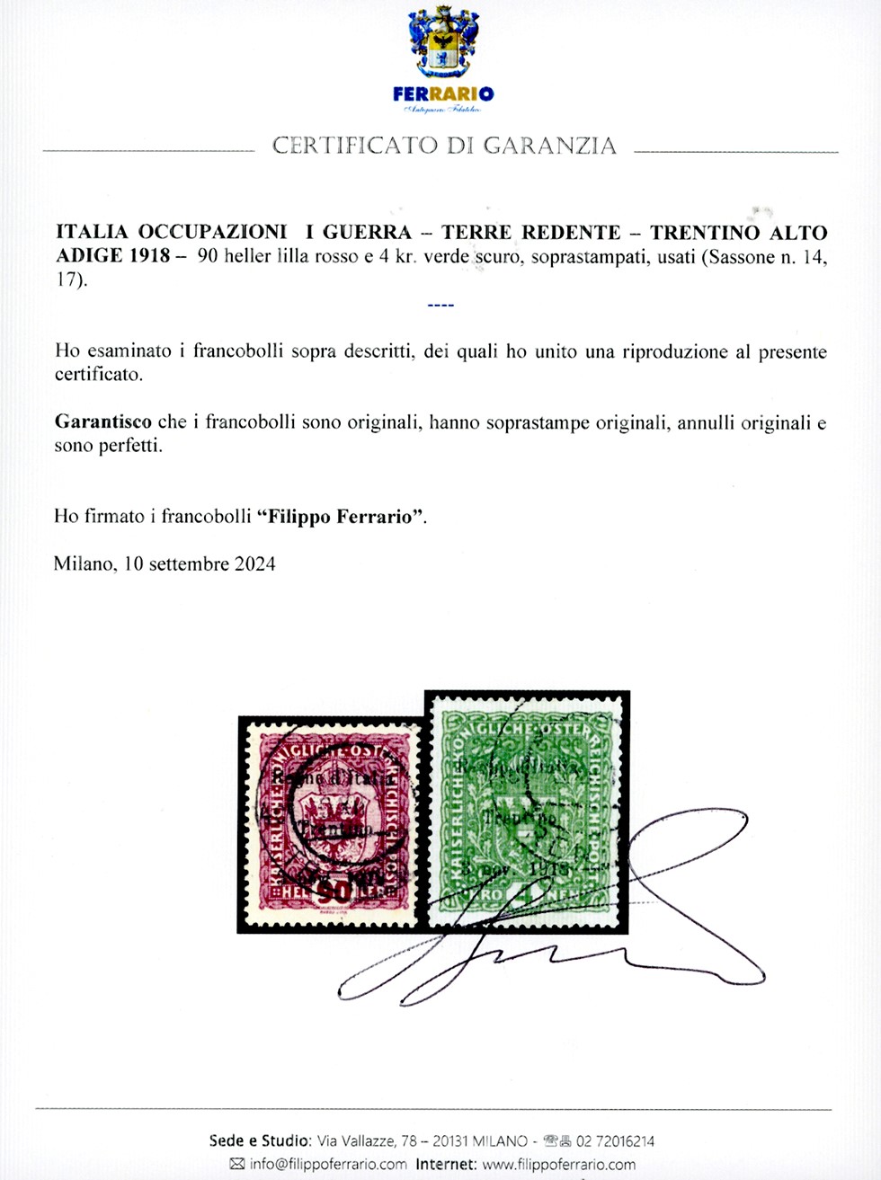 Trentino Alto Adige, 1918 - 90 h. e 4 k. Soprastampati usati, perfetti