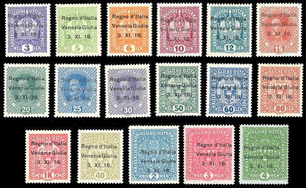 VENEZIA GIULIA 1918 - Soprastampati, serie completa (1/17), nuovi, gomma originale integra, perfetti e di ottima qualità. Splendidi. Alti valori cert. E.Diena e Toselli 100%.