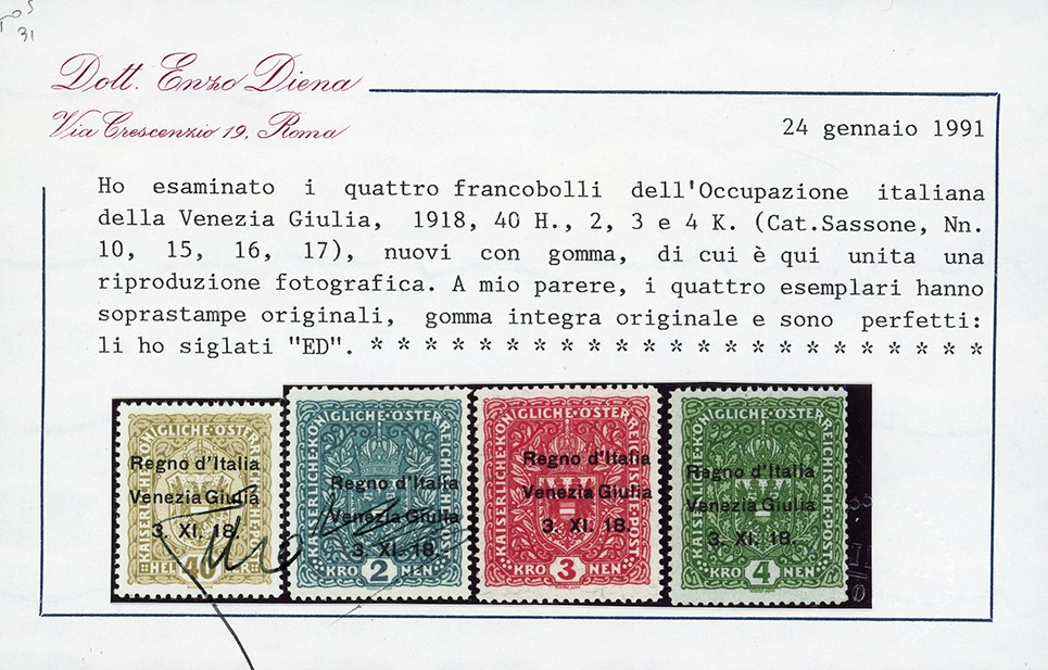 Venezia Giulia 1918, Serie completa di francobolli soprastampati (1/17), gomma originale integra