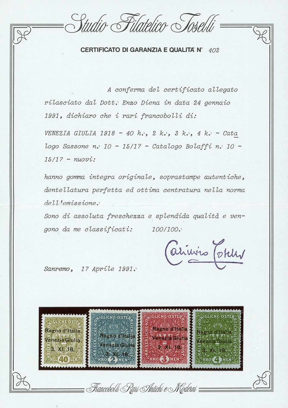 Venezia Giulia 1918, Serie completa di francobolli soprastampati (1/17), gomma originale integra