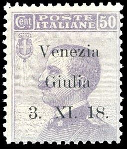 VENEZIA GIULIA 1918 - 50 cent. soprastampa in caratteri sottili, saggio (S1), perfetto, gomma originale integra. Raro, tiratura 200 esemplari. Cert. Ferrario.