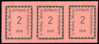 Ferrario, Merano 1918 - 2 h. rosa, striscia orizzontale di tre esemplari