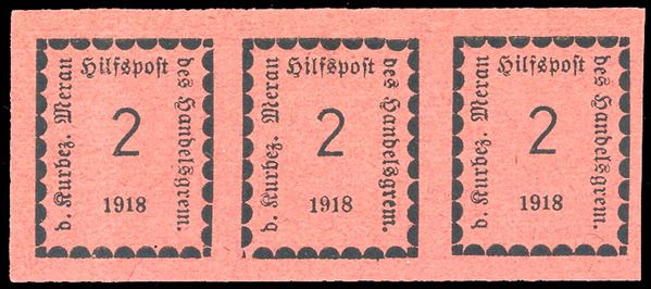 MERANO 1918 - 2 h. rosa (1), striscia orizzontale di tre, l'esemplare al centro con un trattino al posto del quadrato nell'angolo inferiore sinistro, nuova, gomma originale integra, lieve piega verticale sul primo esemplare, molto fresca. Interessante varietà, finora non catalogata. Ferrario.