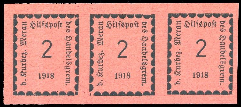 MERANO 1918 - 2 h. rosa (1), striscia orizzontale di tre, l'esemplare al centro con un trattino al posto del quadrato nell'angolo inferiore sinistro, nuova, gomma originale integra, lieve piega verticale sul primo esemplare, molto fresca. Interessante varietà, finora non catalogata. Ferrario.  - Auction Philately - Cambi Casa d'Aste